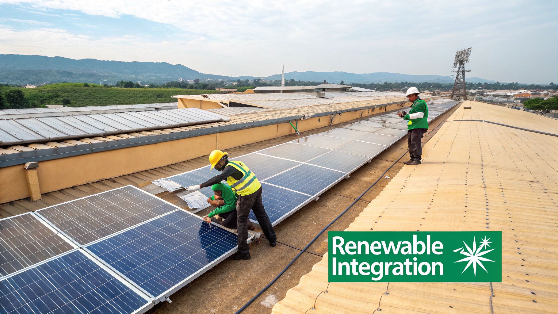 Solar panels installed on the roof of a large manufacturing facility.