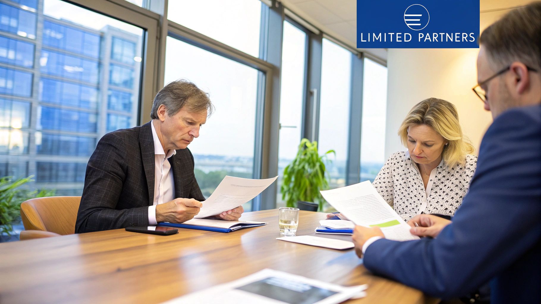 A group of professionals in a modern office, symbolizing the partnership between general and limited partners in private equity.