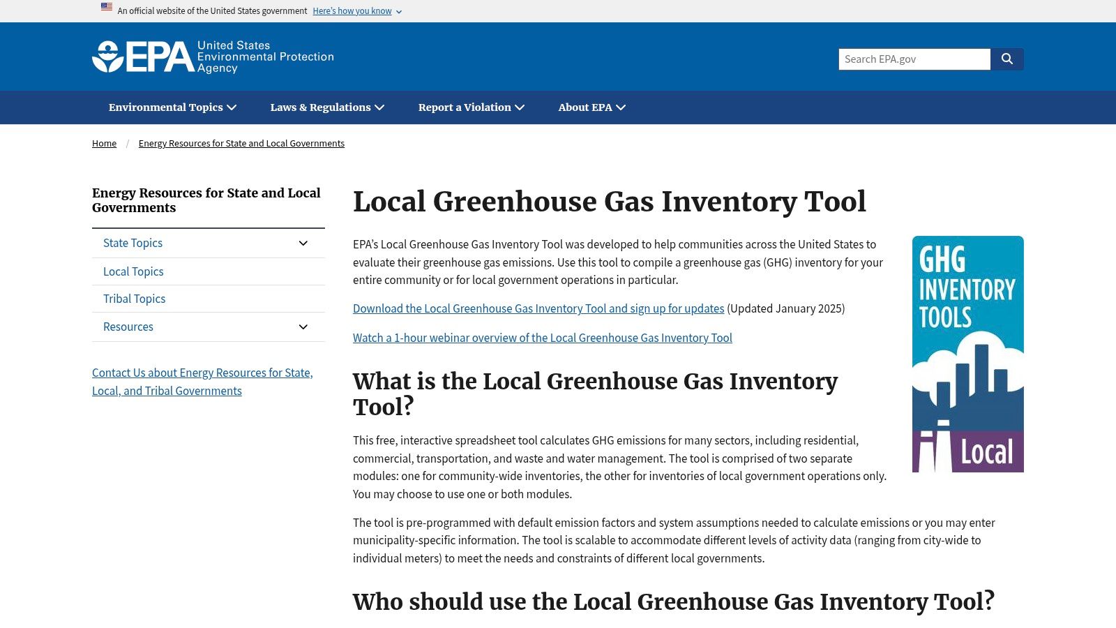 US EPA – Local Greenhouse Gas Inventory Tool