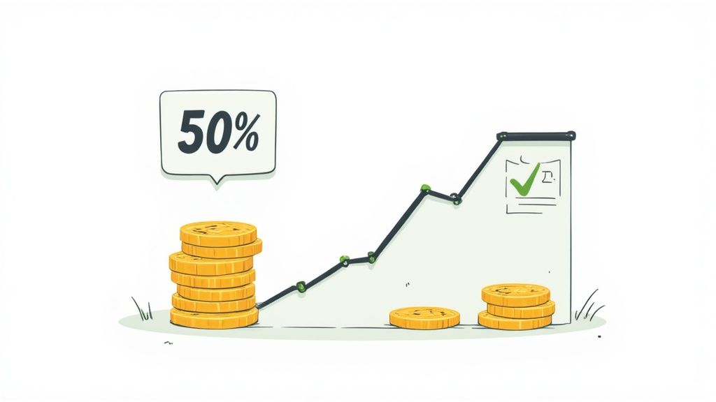 A cartoon illustration showing a financial growth chart with a 50% increase, coins, and a success checkmark.