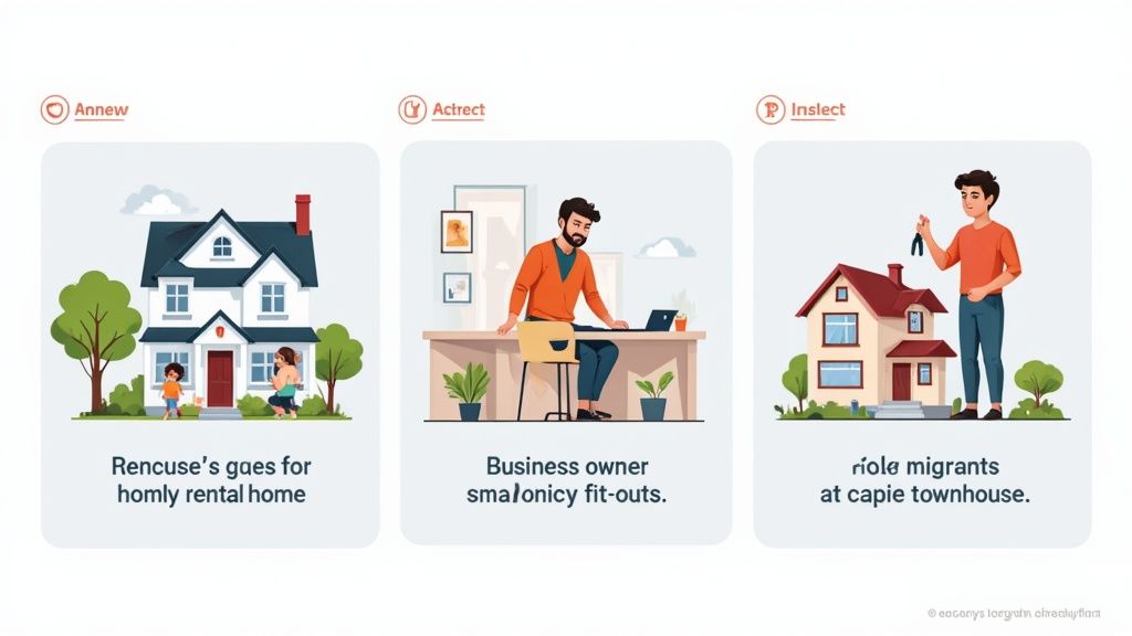 Illustrations showing a family outside a rental home, a business owner working, and a man holding keys to a townhouse.