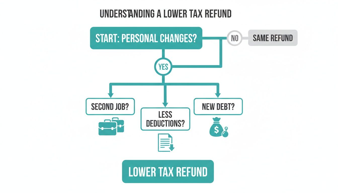 Flowchart illustrating reasons for a lower tax refund due to personal changes like a second job, less deductions, or new debt.