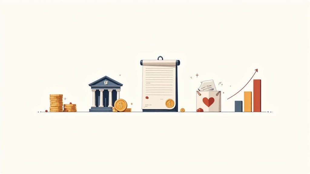 Digital illustration showing stacks of coins, a bank, legal document, a charity box, and a growth chart.