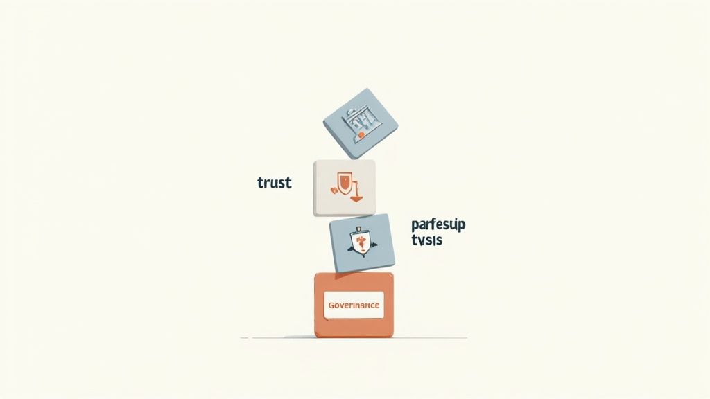 An unstable stack of four blocks: Governance, trust, and other principles related to business foundation.