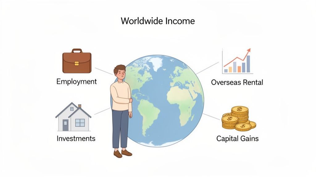 A person next to a globe illustrating worldwide income from employment, investments, overseas rental, and capital gains.