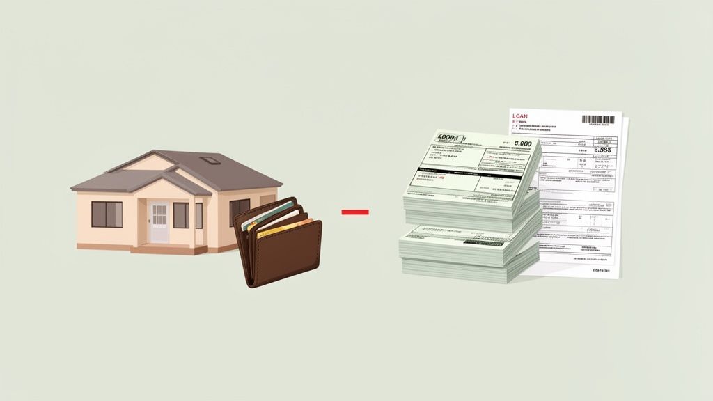An illustration showing a house, a wallet with cards, a minus sign, and stacks of financial papers.