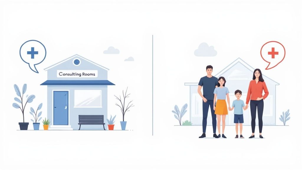 Healthcare clinic consulting rooms building and family standing outside their home illustration