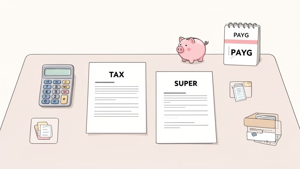 A desk with a calculator, documents labeled 'TAX' and 'SUPER', a piggy bank, and a 'PAYG' calendar, symbolizing financial planning.