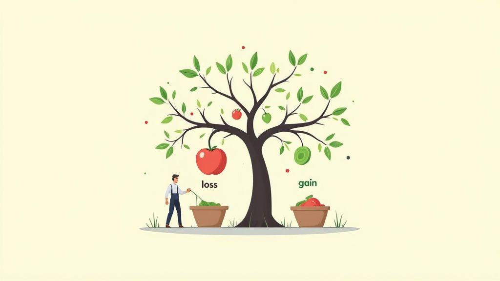 An illustration of a man balancing 'loss' and 'gain' under a tree with fruit.