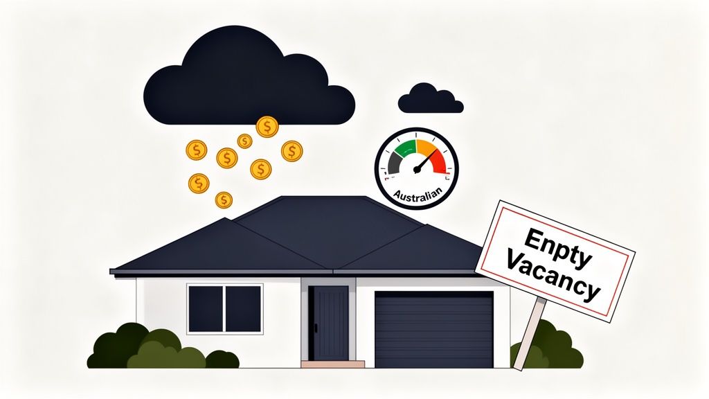 Illustration of a house with money rain, an 'Australian' gauge showing high vacancy, and an 'Empty Vacancy' sign.