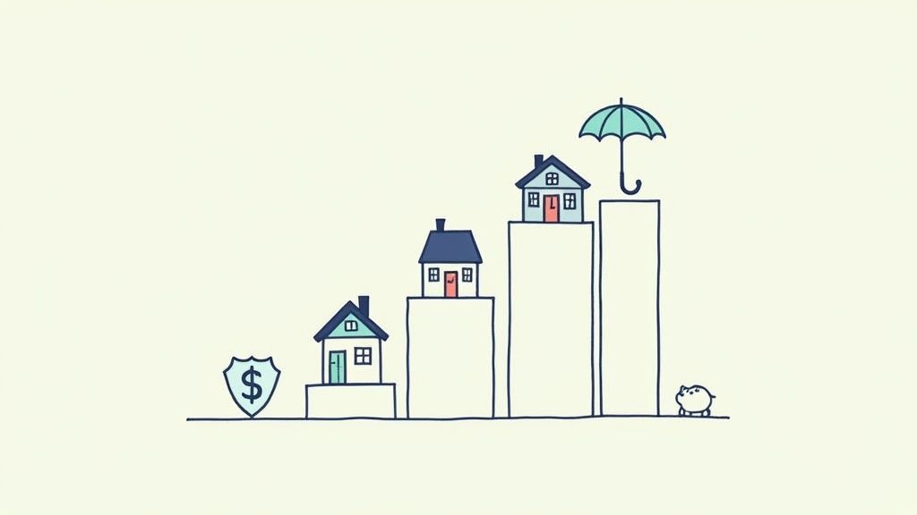 Cartoon of houses on ascending pillars with a shield, umbrella, and piggy bank, symbolizing property growth.