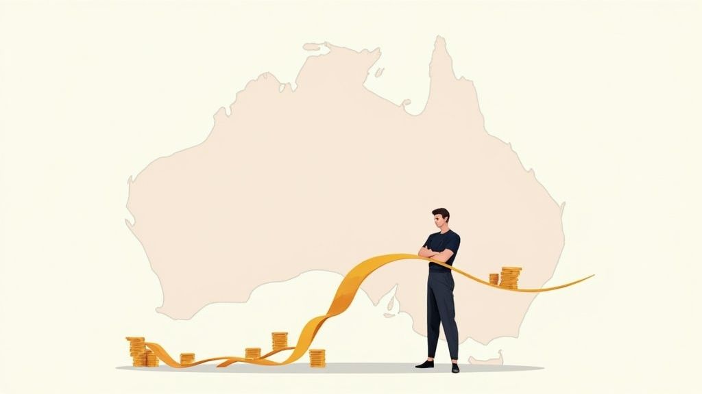 Man overseeing a golden financial graph with coin stacks, set against the map of Australia.