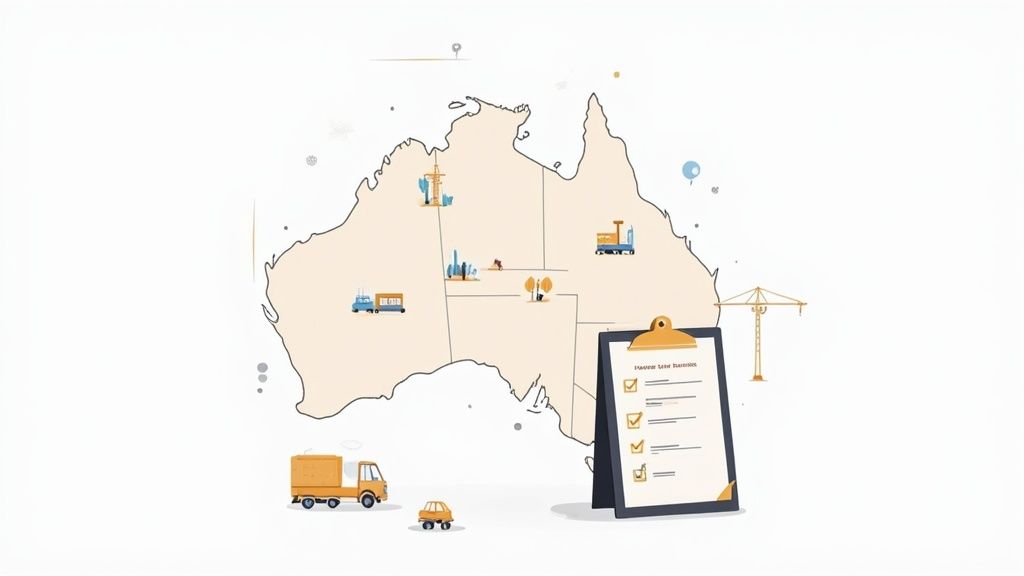 Illustrated map of Australia with diverse property sites, logistics vehicles, and a property resources checklist.
