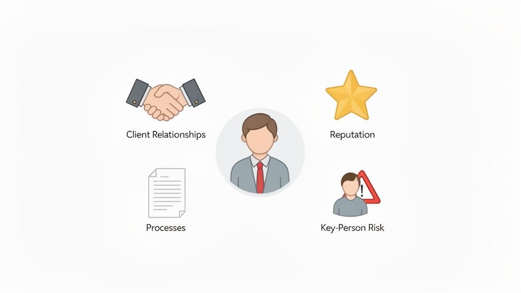 Illustration of a businessman surrounded by client relationships, reputation, processes, and key-person risk icons, representing business valuation factors.