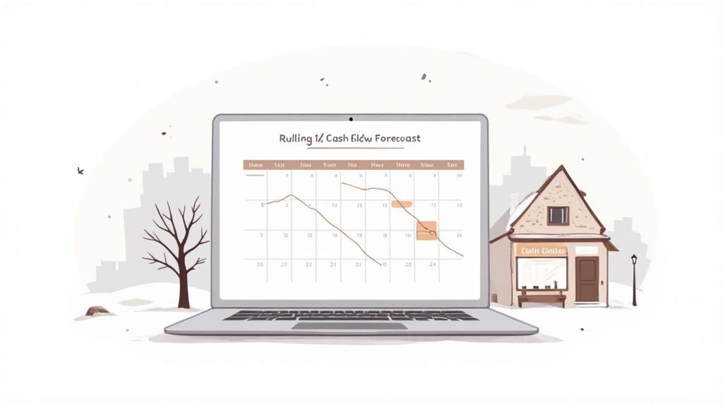 A laptop displays a cash flow forecast calendar amidst a snowy scene with a building and a bare tree.