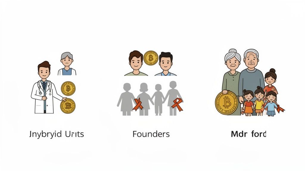 Illustrations of people grouped as hybrid units, founders, and families, with Bitcoin coins and ribbons.