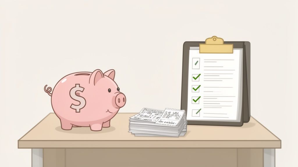 A pink piggy bank with a dollar sign, a stack of receipts, and a checklist on a desk.