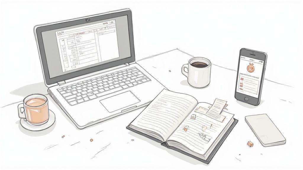 A neat home office setup with a laptop, notebook, and a plant, suggesting organised record keeping.
