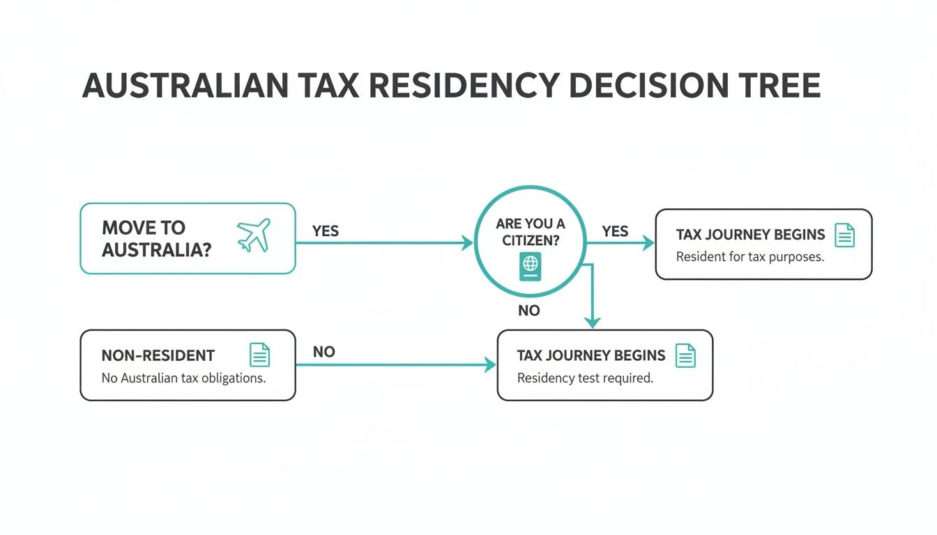 A flowchart titled 'Australian Tax Residency Decision Tree' guiding through questions like 'Move to Australia?' and 'Are you a citizen?' to determine tax residency status.