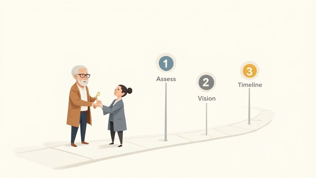 An older man hands a golden key to a younger woman on a path with steps: Assess, Vision, Timeline.