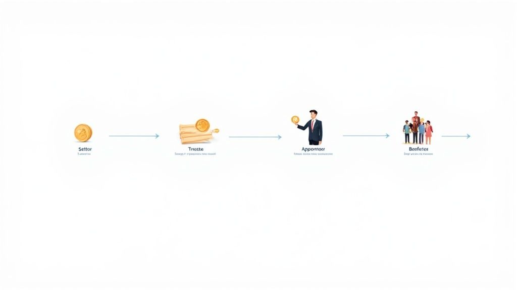 A diagram illustrating the flow of assets from a Settor to a Trust, managed by an Appointer, for Beneficiaries.