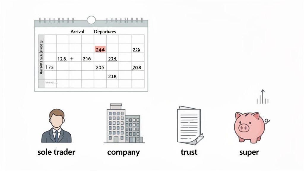 An illustration showing a calendar schedule and four icons representing financial entities: sole trader, company, trust, and super.