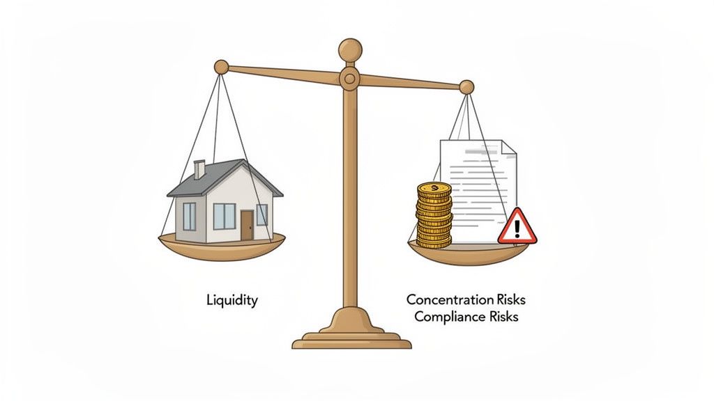 A balance scale shows a house representing liquidity balanced against coins, documents, and concentration and compliance risks.