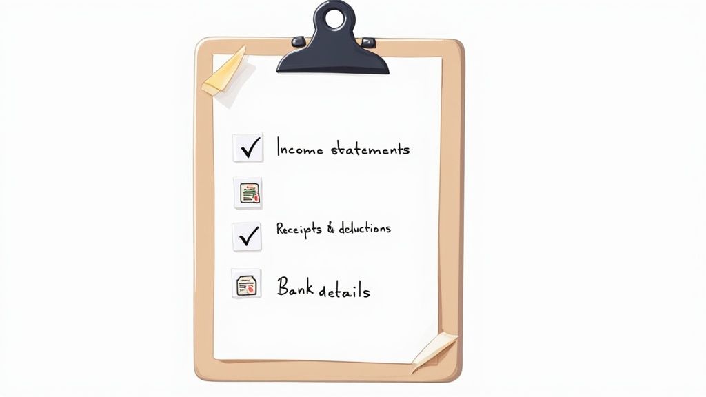 A clipboard with a checklist for financial documents, including income statements, receipts, deductions, and bank details.