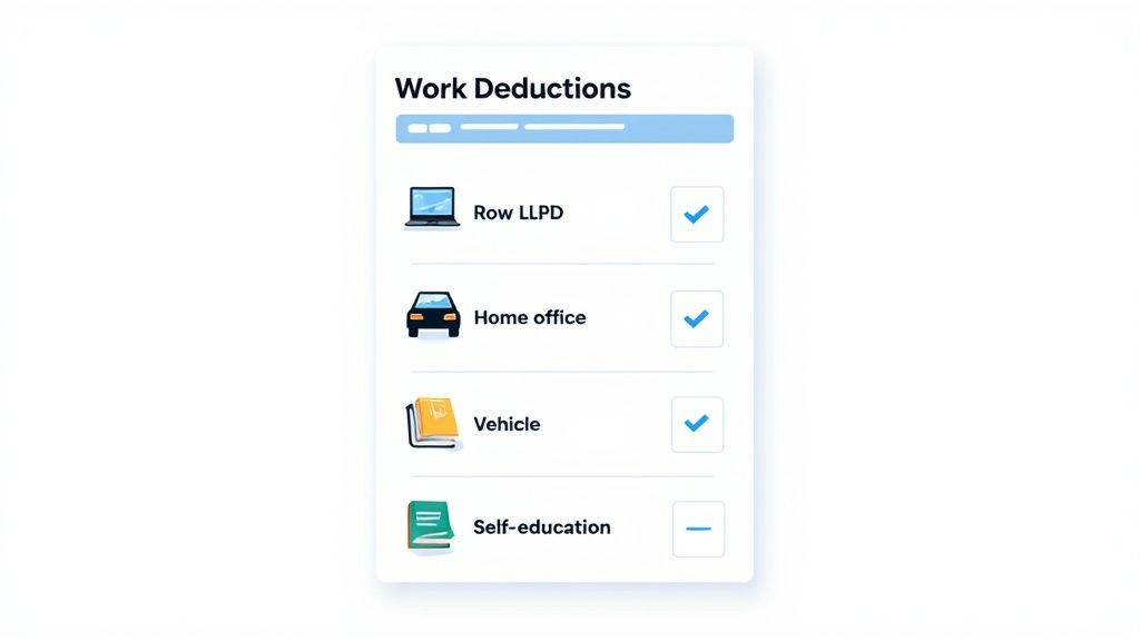 A digital checklist for 'Work Deductions' showing a progress bar and items like 'Row LLPD', 'Home office', 'Vehicle', and 'Self-education' with their status.