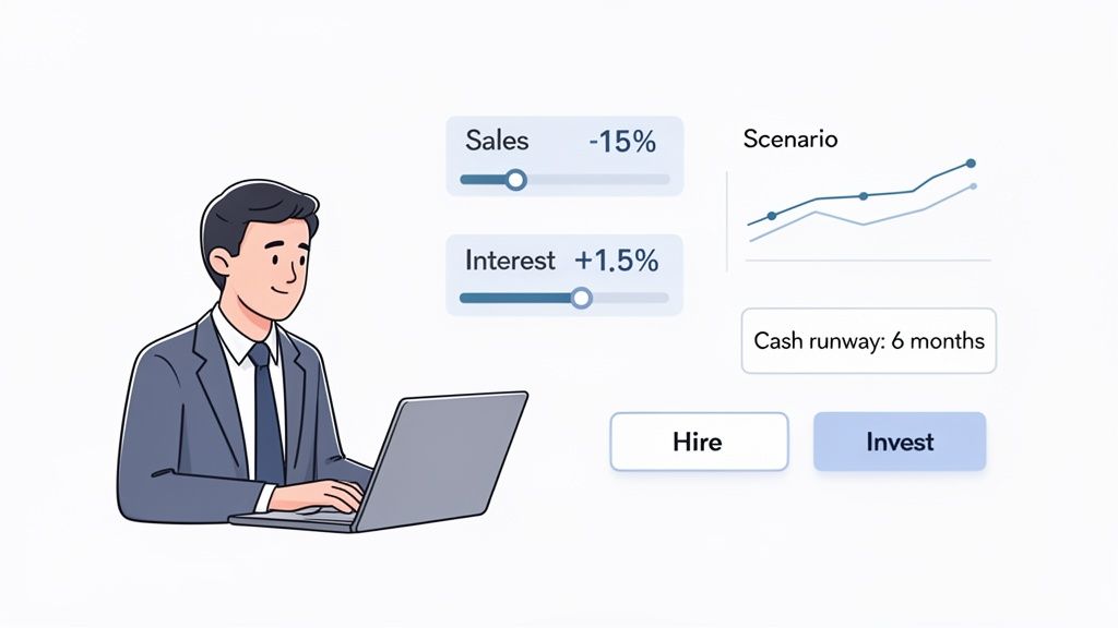 A businessman uses a laptop with a financial forecasting tool, adjusting sales and interest for scenario planning.