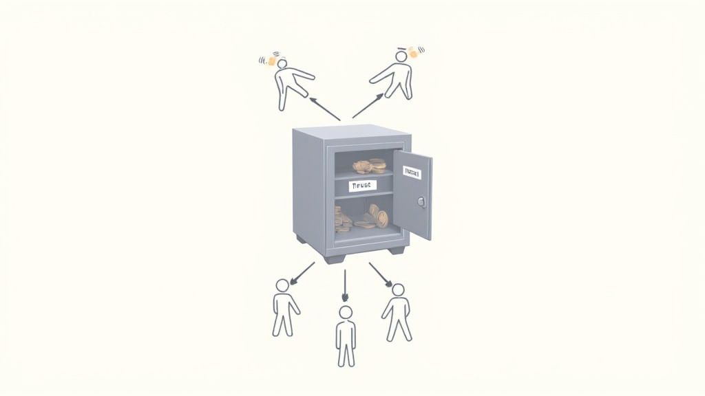 A safe labeled 'Trust' centralizes funds, with two individuals depositing and three withdrawing money.