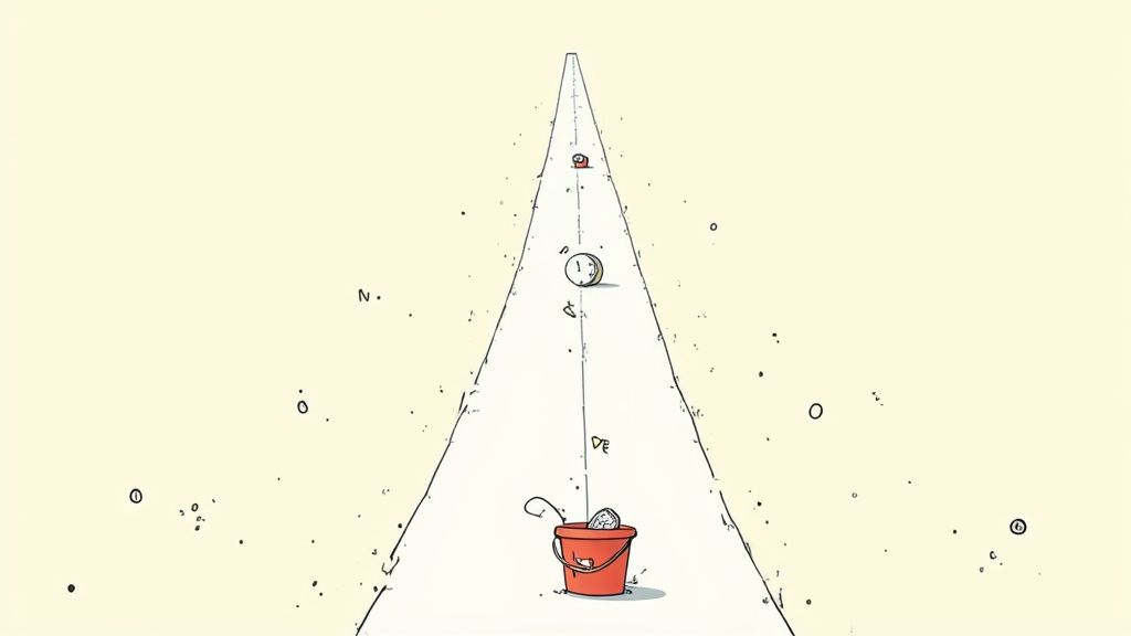 Cartoon illustration of a long, narrowing path with a red bucket, a clock, and distant objects.