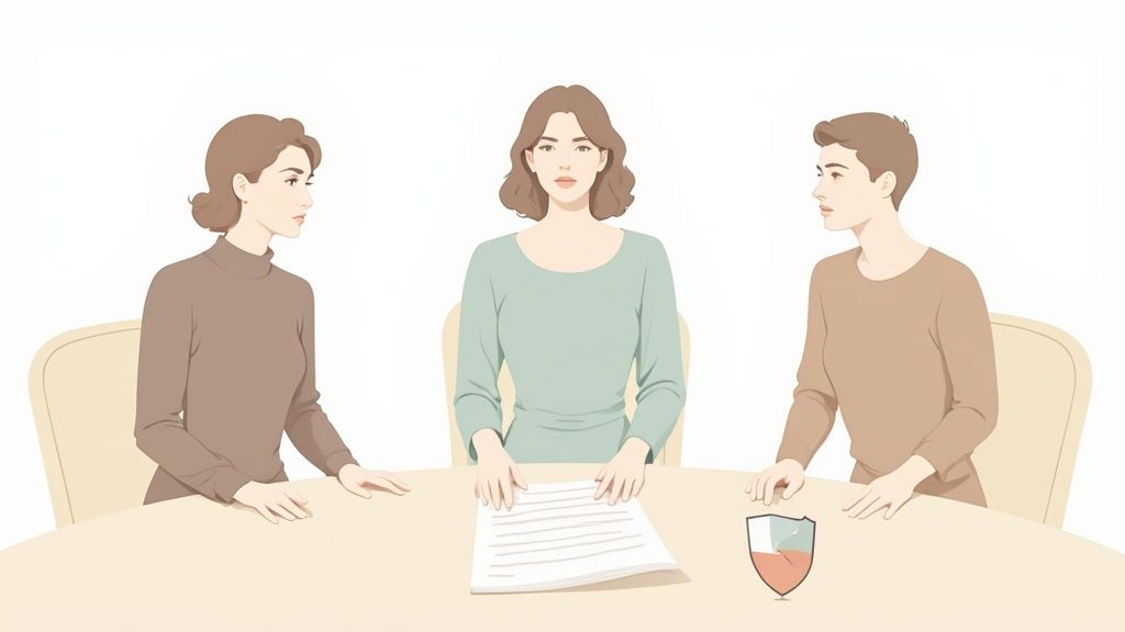 Three women at a table discussing documents, with a shield icon, suggesting a professional meeting.