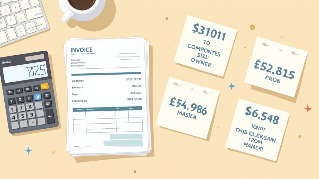 A person at a home office desk, focused on a laptop with a calculator and documents nearby, illustrating the process of calculating expenses.