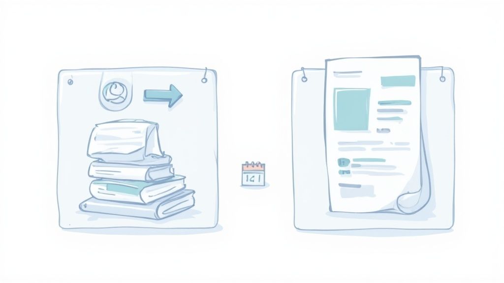 A sketch illustrates a process where a stack of documents transforms into a structured report over time.