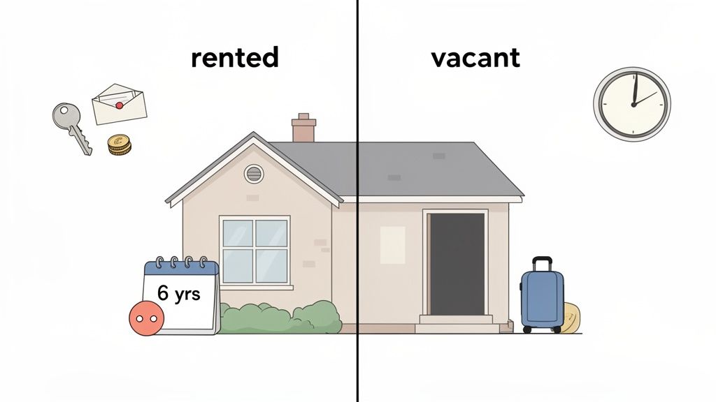 An illustration comparing a rented house with a key, money, and '6 yrs' calendar, versus a vacant house with a clock and suitcase.