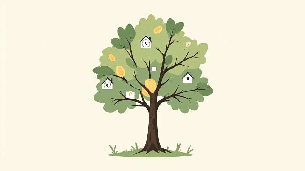 A vibrant tree growing gold coins, houses, and documents, representing family wealth and trust.