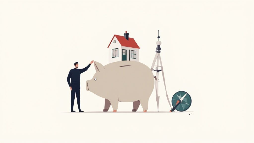 Businessman with piggy bank, house model, and compass representing self-managed super fund property investment strategy