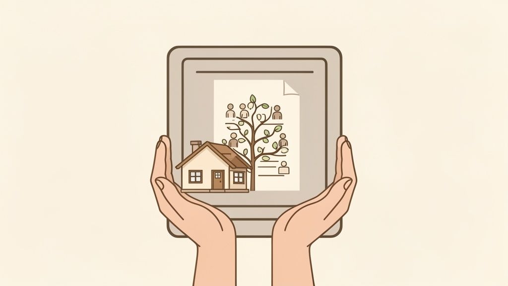 Hands holding a tablet displaying a house, a family tree, and a legal document, symbolizing estate planning.