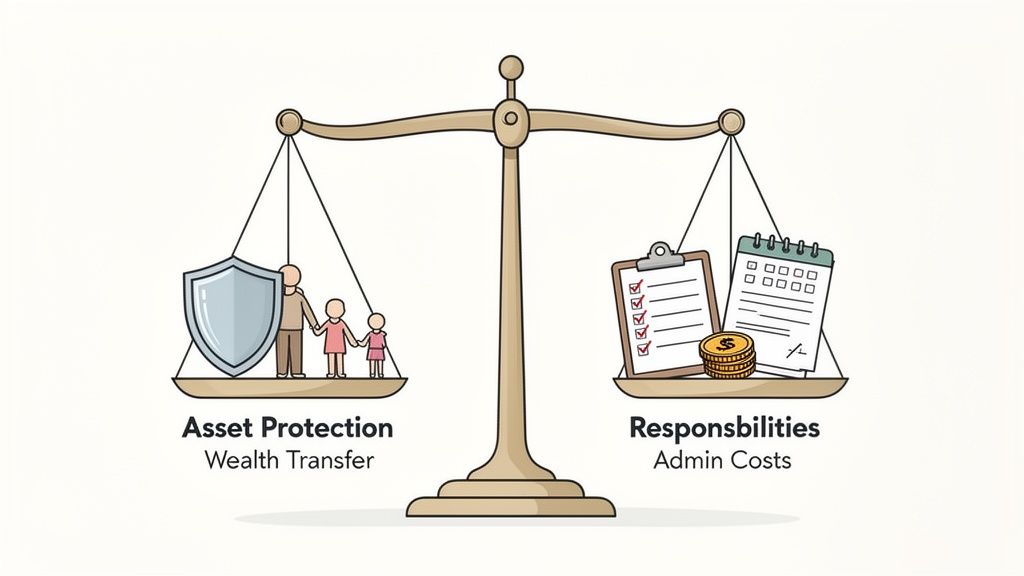 A balance scale depicts asset protection and wealth transfer versus responsibilities and administrative costs.
