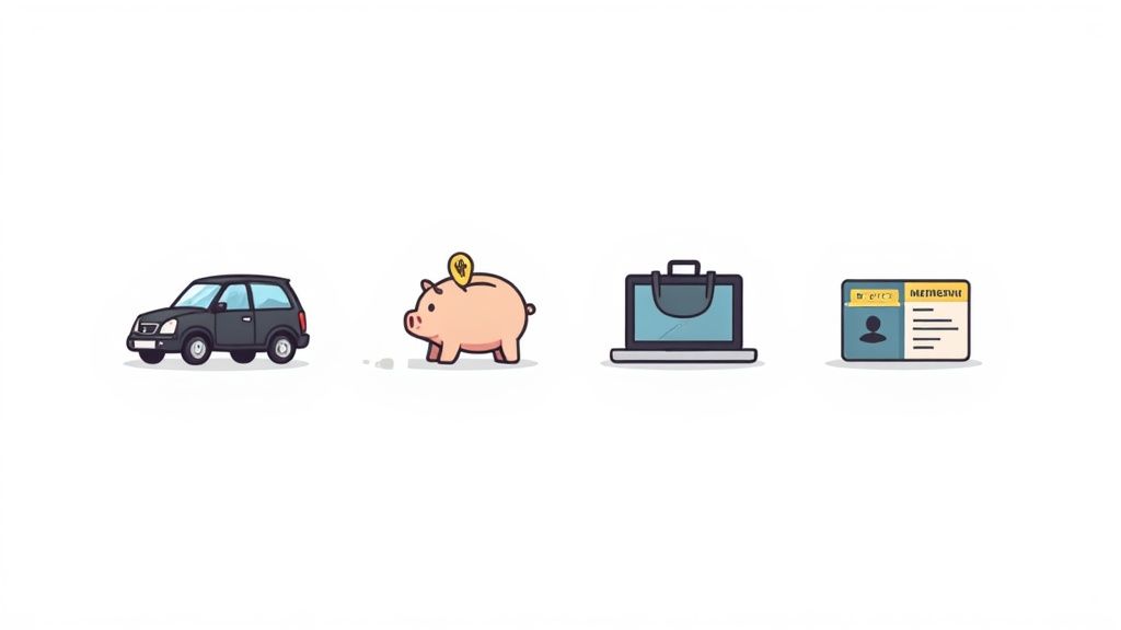 Illustrative icons of common salary sacrifice benefits including a car, savings, work equipment, and an ID.