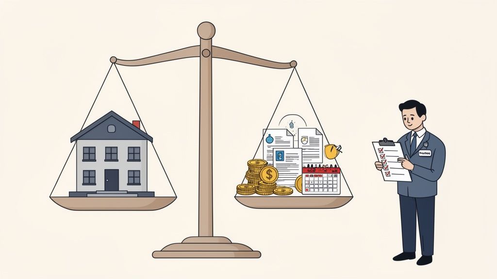 A balanced scale shows a house on one side and financial assets with documents on the other, managed by a man with a checklist.