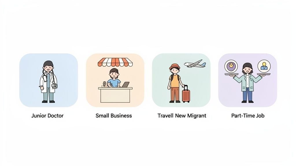 Four cartoon icons representing different employment types: a junior doctor, a small business owner, a new migrant, and a person with a part-time job.