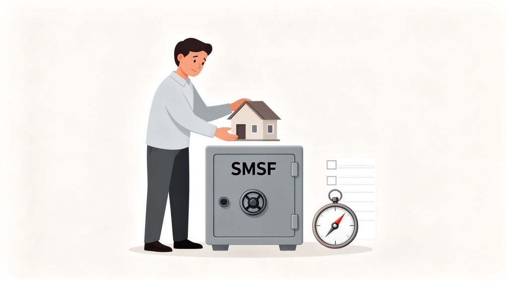 Man investing in property through SMSF, represented by a house on a safe, with a checklist and compass.