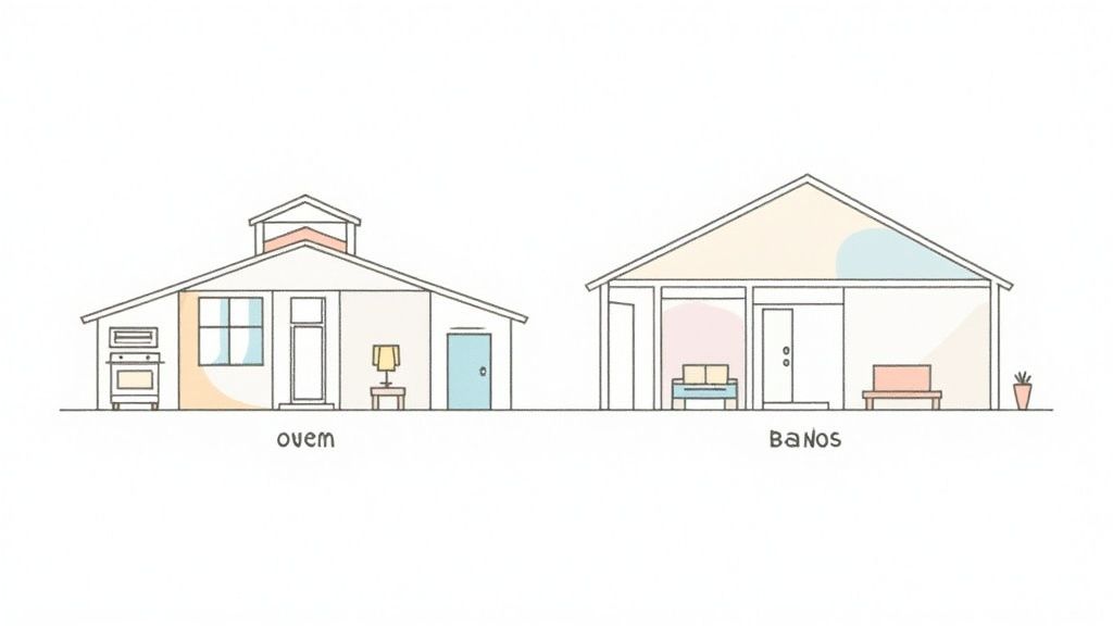 Two simplified, light-colored houses in cross-section, revealing interior rooms with an oven, sofa, and furniture.