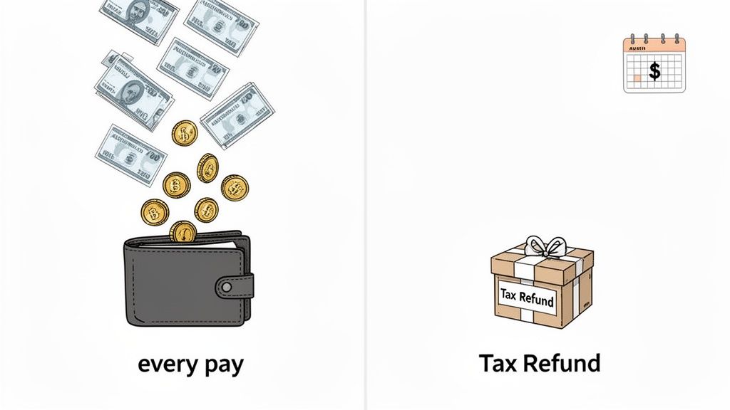 Illustration comparing regular pay depositing money into a wallet versus a tax refund gift box.