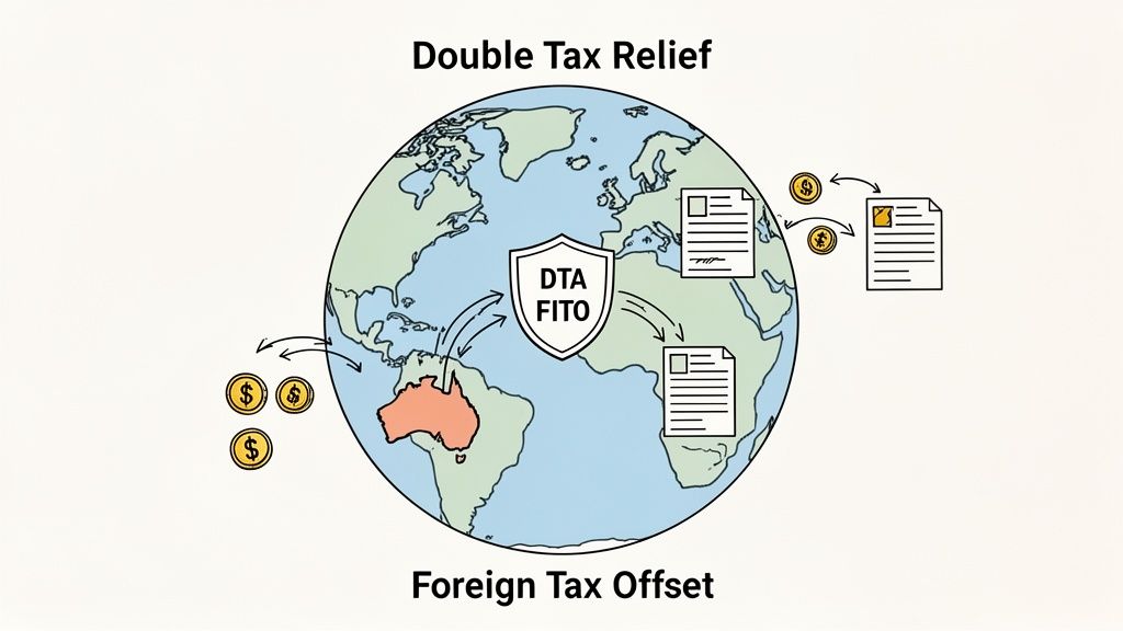 Illustration of global double tax relief mechanisms, with money, tax documents, and DTA/FITO shield on a world map.