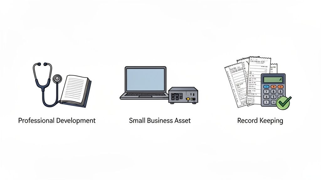 Illustrations showing professional development, small business assets, and record keeping expenses.