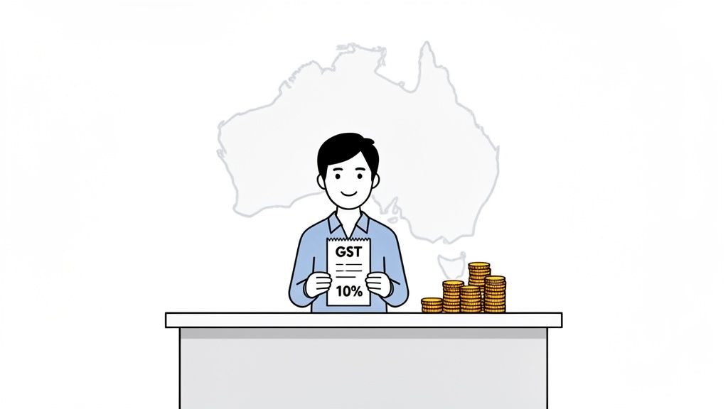 A cartoon man holds a GST 10% document, with gold coins and an Australia map.