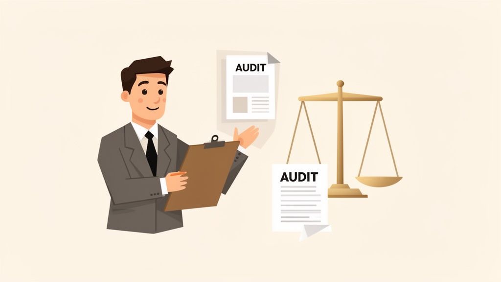 An accountant or auditor in a suit holding a clipboard, with audit documents and a scale of justice.